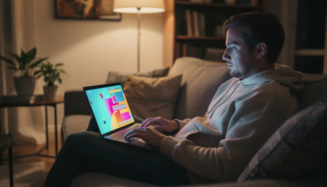 A British player seated comfortably at home, browsing Casumo Casino UK's extensive game library on a laptop, reflecting the platform's accessible and enjoyable online casino experience.