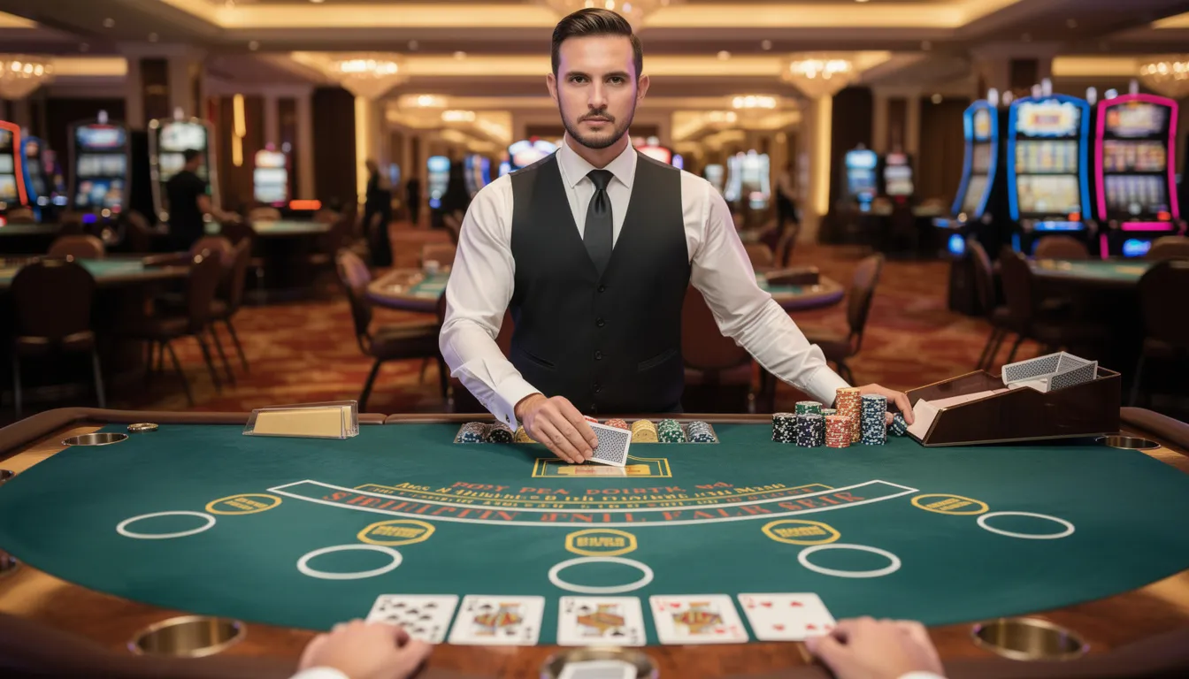 A professional live casino dealer managing a card game at Casumo Casino UK — representing the platform's high-quality live dealer suite powered by Evolution.
